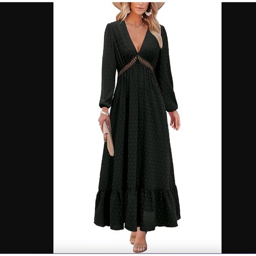 NWT NEW Black Maxi Dress Swiss Dot V Neck Dress Flowy Boho Long Sleeve