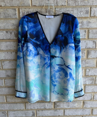 Calvin Klein Long Sleeve V-Neck Abstract Blouse Women's Size S
