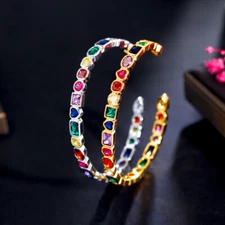 Rainbow CZ Big Round Open Cuff Bangle Gold Plated Multicolor Jewelry for Brides