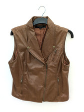 Wilsons Leather Waistcoat Womens Large Tan Brown Vest Zip Collar Gilet Vtg Retro