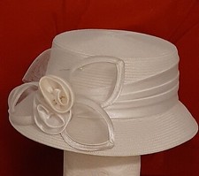 Women's Special Occasion Hat w/Silky Satin Double Rose Corsage, One Size, White