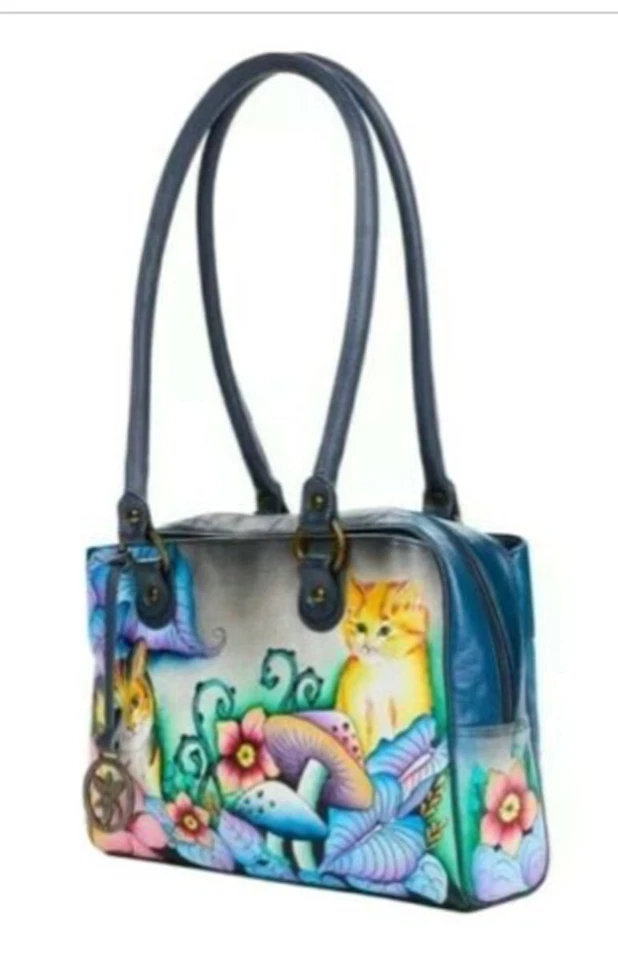 Bolso organizador de cuero pintado a mano Anuschka CATS IN WONDERLAND gatito Foto 2 de 4