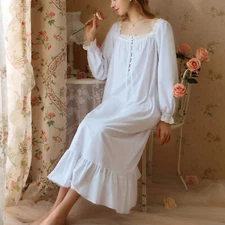 Women's Cotton Nightgown Princess Square Neck Long Sleeve Sleep Dress