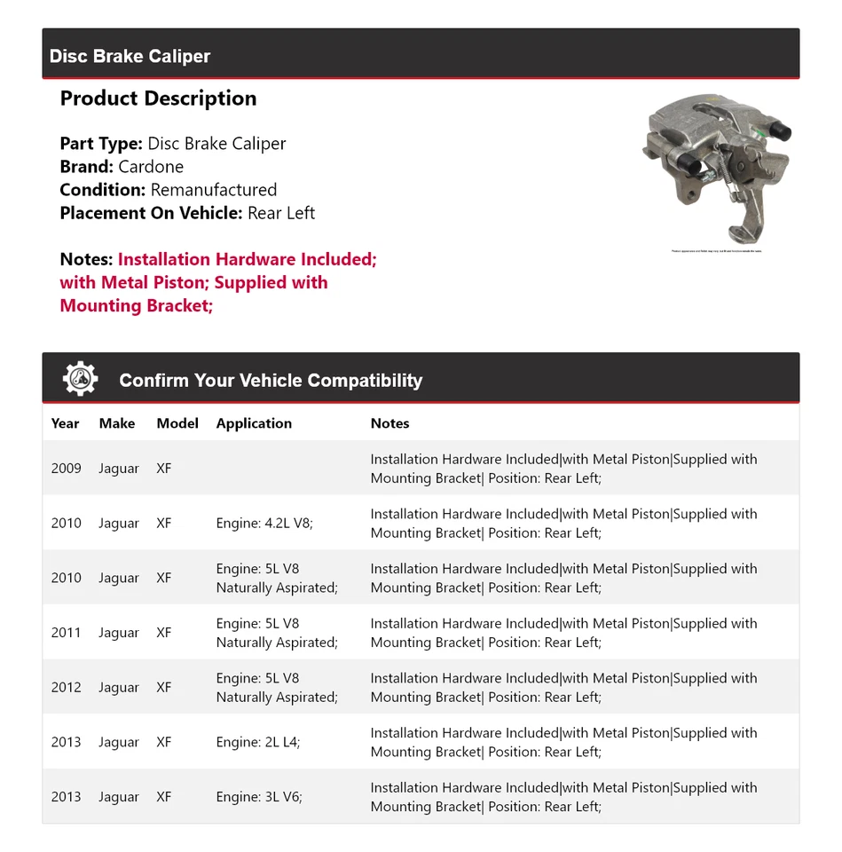 Задний левый суппорт дискового тормоза Jaguar XF 2009-2013 годов выпуска Cardone 2010 2011 2012 годов выпуска - Изображение 2 из 4
