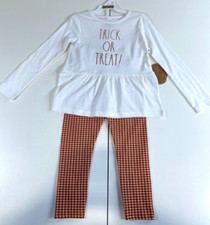 NWT Rae Dunn Girls 2 Piece Trick or Treat Halloween Outfit Size 5/6 Orange White