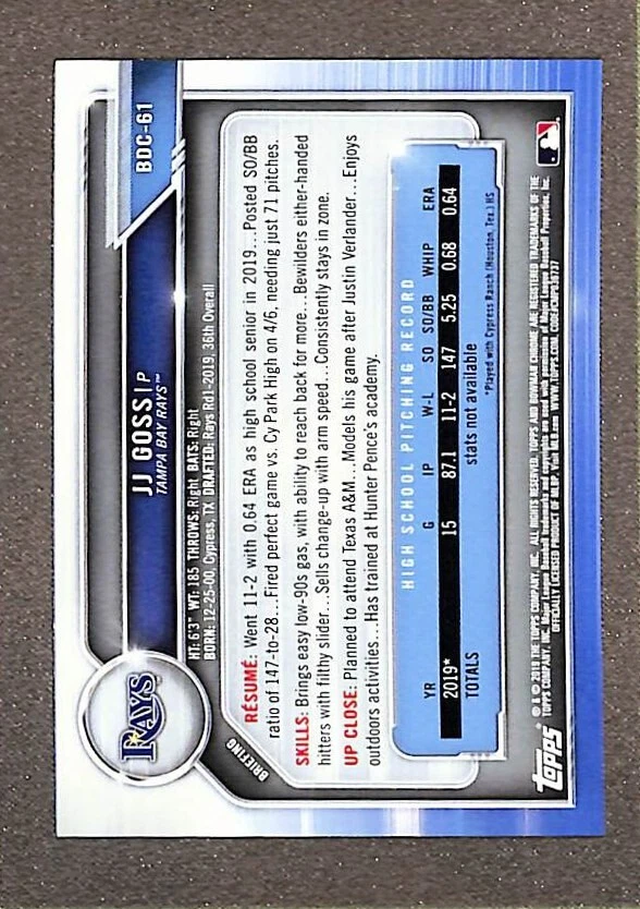 2019 BOWMAN DRAFT CHROME JJ GOSS 1ST GOLD REFRACTOR SP /50 - Image 2 of 3