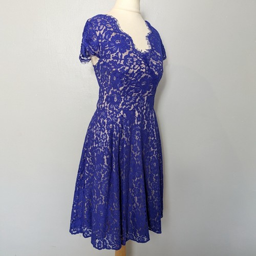 Eliza J Dress 10 Blue Lace Overlay Fit & Flare Cap Sleeve Colbalt Occasion. - Picture 4 of 7