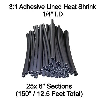 BUY AUTO SUPPLY 25x 6" Pcs 1/4" Black 3:1 Heat Shrink Tubing Adhesive Lined Dual Wall (12.5Feet)