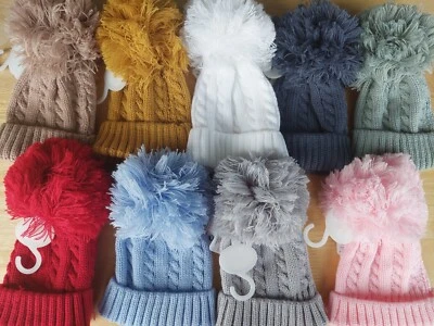 Baby Cable Knit Hat Pull On Pom Boy Girl White Blue Pink Grey Beige Red Green