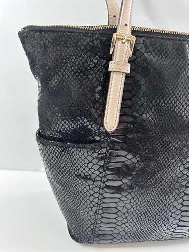 Michael Kors Shoulder Tote Bag Python Snake Embossed Zip Closure Black - 第 6/21 張圖片