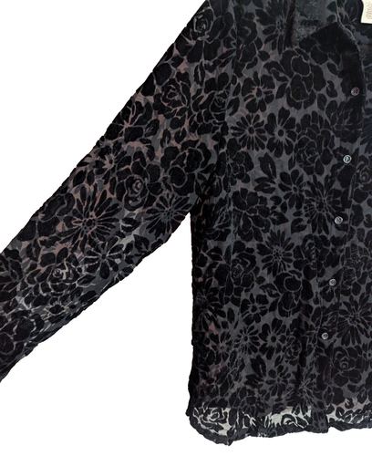C.L.O.T.H.E.S. Black Floral Velvet Burnout Long Sleeve Button Up Top Size Large - Picture 3 of 6