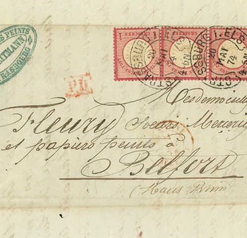 Deutschland Straßburg nach Frankreich Belfort Hufeisen Poststempel Anschreiben Brief 1874 Europa