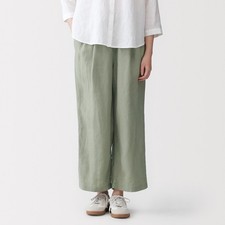 MUJI Womens 100 Linen Washed Easy Wide Pants Smoky Green FedEx
