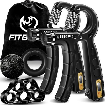 Hand Grip Strengthener 5pc Set, Adjustable Forearm Gripper Finger Stretcher Ring