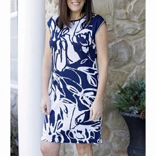 Ming Wang Dress Blue White Floral shift dress knit career, casual size L