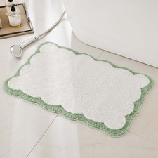 Luxury White Microfiber Bath Rug with Sage Green Piping, 32x20, Anti-Slip