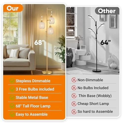  Lámpara de Pie Boho Regulable - 3 Luces Granja Ratán Dorado + Blanco Pantallas Foto 3 de 4