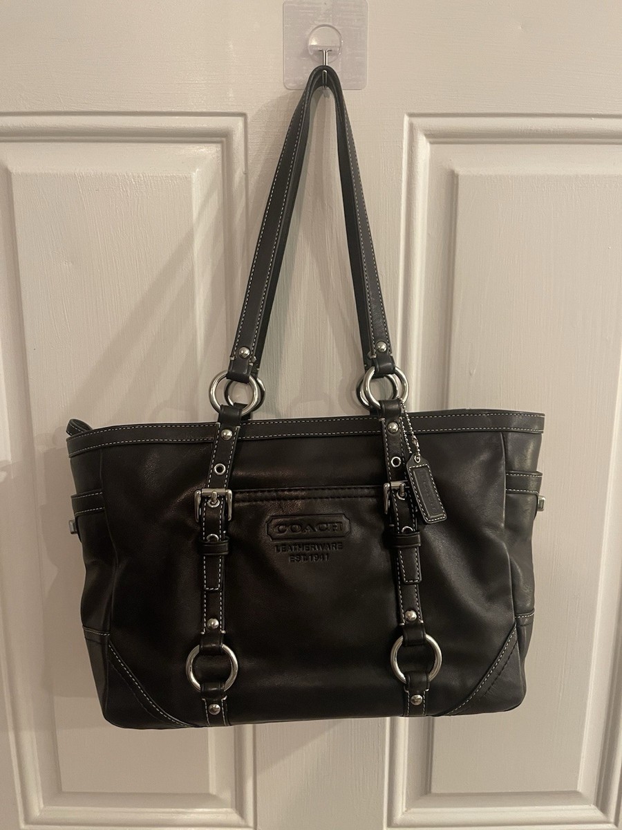 Coach Black Leather Tote Shoulder Bag Silver Hardware Multi Pocket