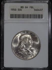 1950 P Franklin Half Dollar 50C - ANACS MS64 FBL Old Soap Box Holder SKU#735