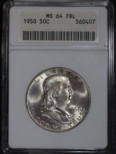 1950 P Franklin Half Dollar 50C - ANACS MS64 FBL Old Soap Box Holder SKU#735