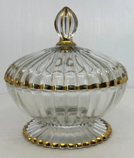 Vintage 1940s-50s Candy Dish & Lid National Pattern by Jeanette Glass Gold Trim