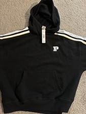New Victoria s Secret Pink Pullover Hoodie S Black Logo Stripe NWT