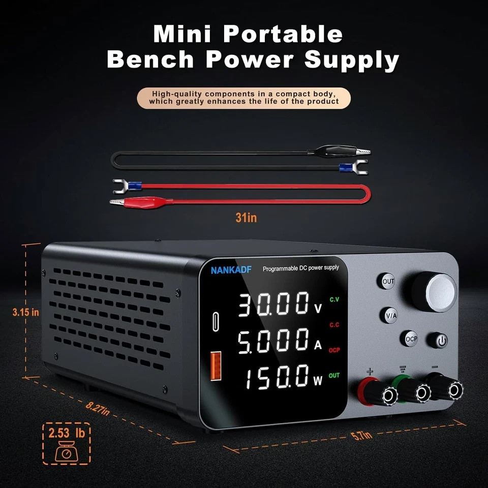 Alimentation Laboratoire DC 0-30V 0-5A NANKADF - Réglage Encodeur USB Charge Rapide