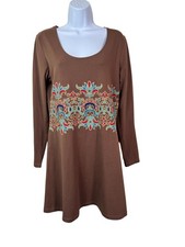 Sahalie Brown Long Sleeve Tunic Dres Brown Floral Medium Petite Jersey Stretch