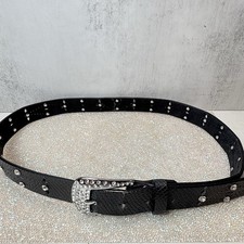 Vintage Black 1990s Genuine Leather Belt 6804ML Rhinestone Buckle     Pre-Owned