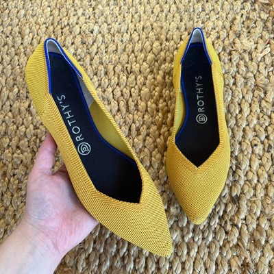 Rothys The Point Saffron Yellow Knit Pointed Toe Flats Womens 10 Blue tip slipon