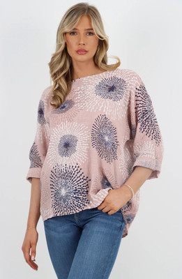 Damen Lagenlook Oversize Baumwolle Top Bedruckt Turn Up Ärmel Tunika Freizeit Oberteil