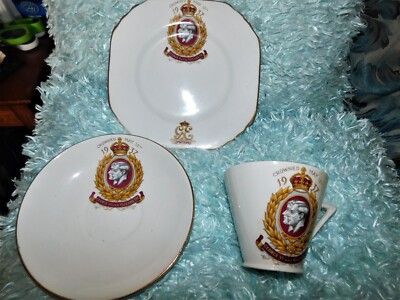 VINTAGE VERGOLDETE TRIO PHOENIX WARE KRÖNUNG GEORGE VI 1937 TASSE + UNTERTASSE + TELLER