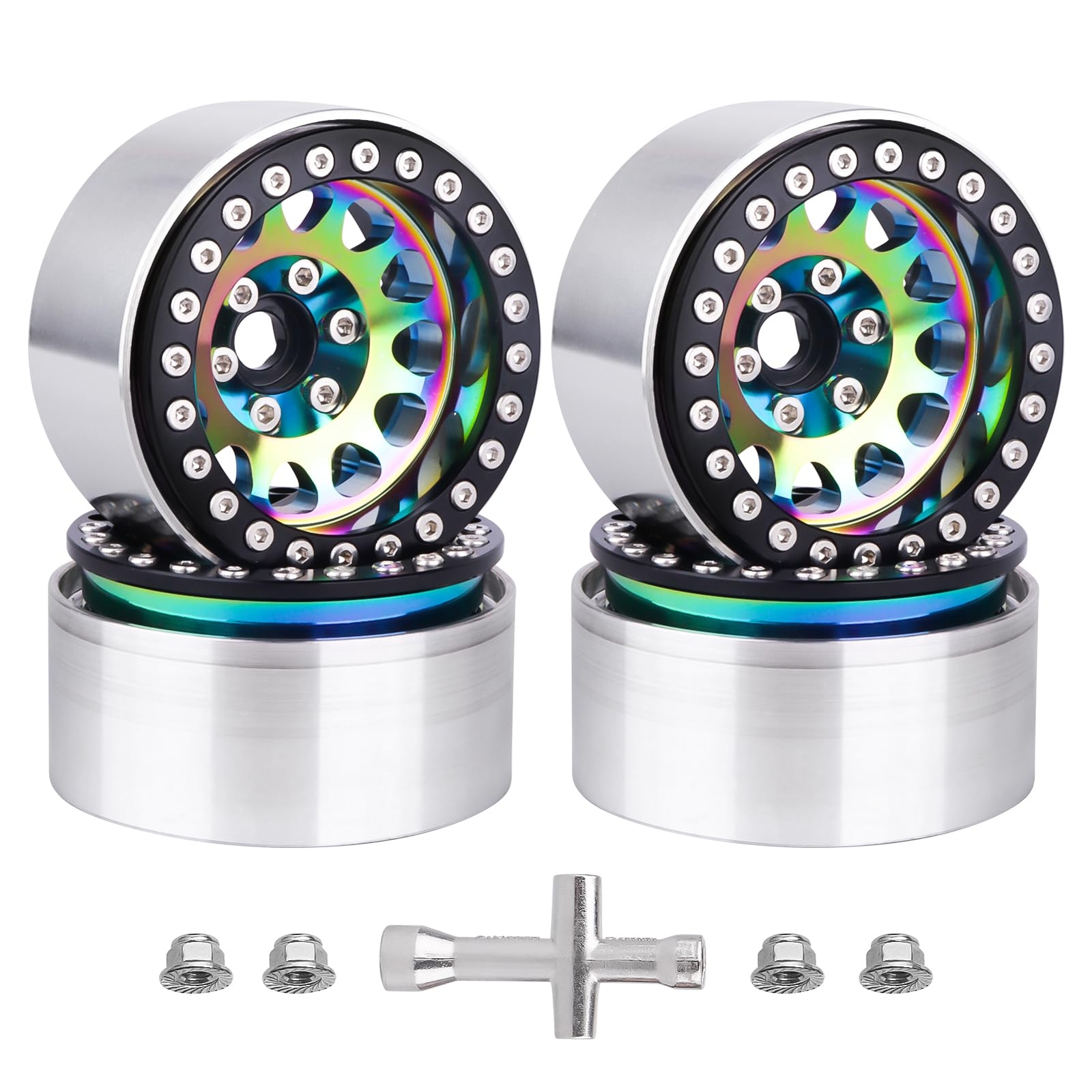 1.9 Rainbow Beadlock Wheels Negative Offset -10mm Deep Dish for TRX4 Axial SC...