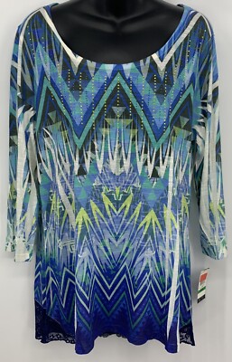 Style & Company Top Large Blue Geo Tunic Scoop Neck 3/4 Sleeve Stud Lace New B37