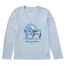 Life is Good. Women's Hold Your Horses Long Sleeve Crusher Vee, Glacier Blue