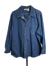 Vintage Cherokee Denim Shirt Women's Size 24W Blue Jean Button up Embroidery