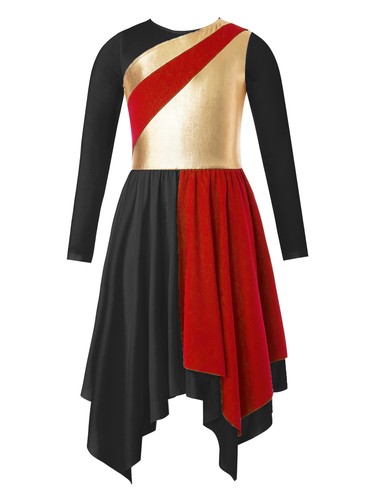 Kids Girls Dance Dress Contrast Performance Dress Long Sleeve Metallic Praise - Picture 19 of 64