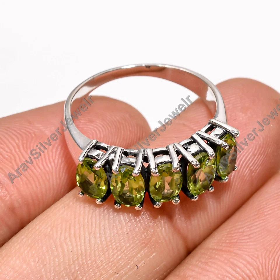Five Green Peridot Cut Stone Ring 925 Sterling Silver Handmade Statement Ring - Image 2 of 4