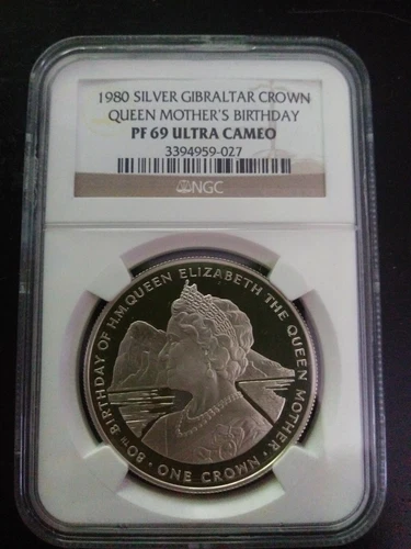 1980 Gibraltar Silver 1 Crown Queen Mother 80th Birthday NGC  PF 69 Ultra Cameo