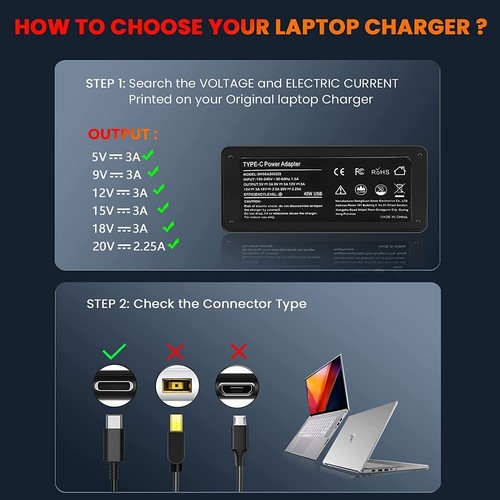 65W USB-C Type-C Cable For HP/Lenovo/Acer/Asus Adapter Chromebook Laptop Charger - Picture 3 of 10