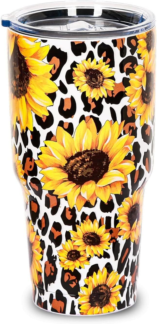30OZ Leopard Print Stainless Steel Sunflower Tumbler with Lid – Perfect Gift for Women