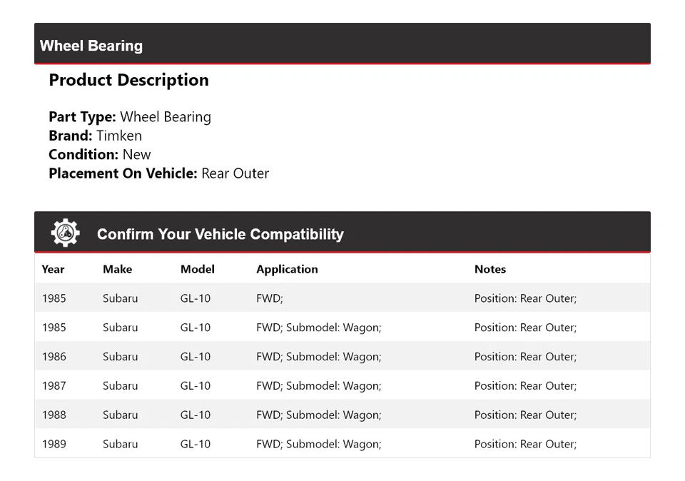 Cojinete de rueda exterior trasero Timken 1986 1987 1988 para Subaru GL-10 1985-1989 tracción delantera Foto 2 de 4