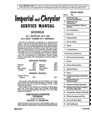 1962 Chrysler Imperial 300 New Yorker Factory Shop Service Repair Manual – Paper, Bishko Publishing