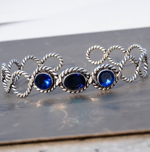 Blue Tanzanite Cut Gemstone Bangle 925 Sterling Silver Bracelet 1st Meeting Gift - Picture 2 of 3