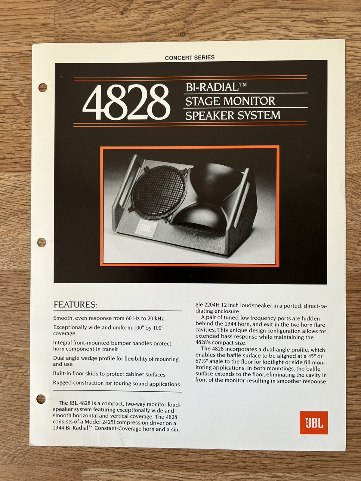 Vintage Original JBL 4828 Bi Radial Stage Monitor Speaker Brochure manual