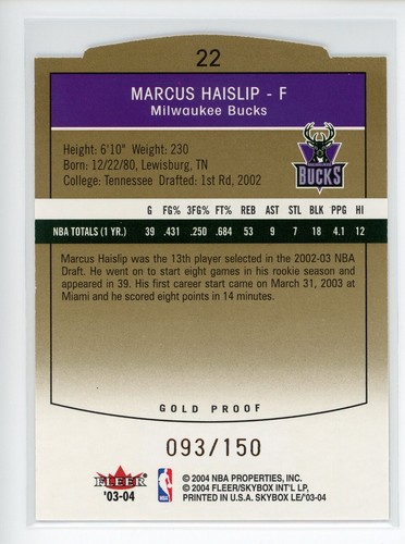 2003-04 SkyBox LE Gold Proofs #22 Marcus Haislip Bucks /150 - Picture 2 of 3