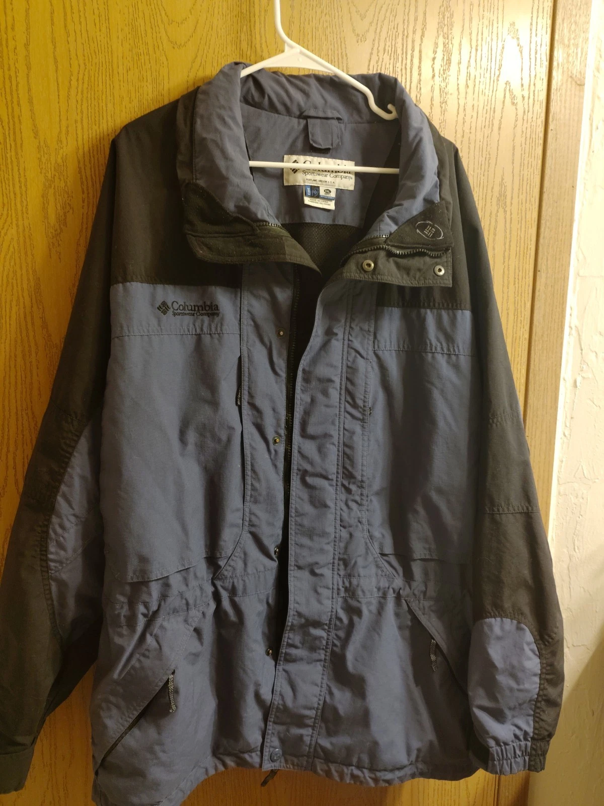 Columbia Blue Black Windbreaker Jacket Zip Logo Men's XXL Mid-Length Casual Reg…