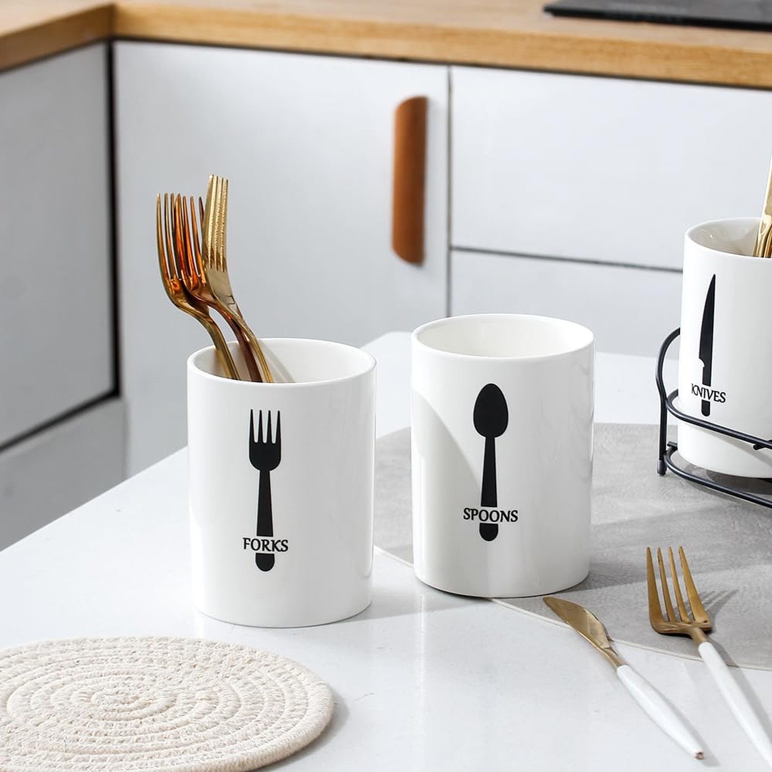 3-Piece White Ceramic Silverware Cutlery Holder with Black Metal Rack, Utensi...