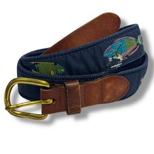 Leather Man Ltd. Navy Blue Canvas Embroidered Fish Mahi Mahi Belt Size 38