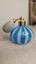 Vintage Glass Perfume Bottle with Atomizer Small Blue Glass White Swirls